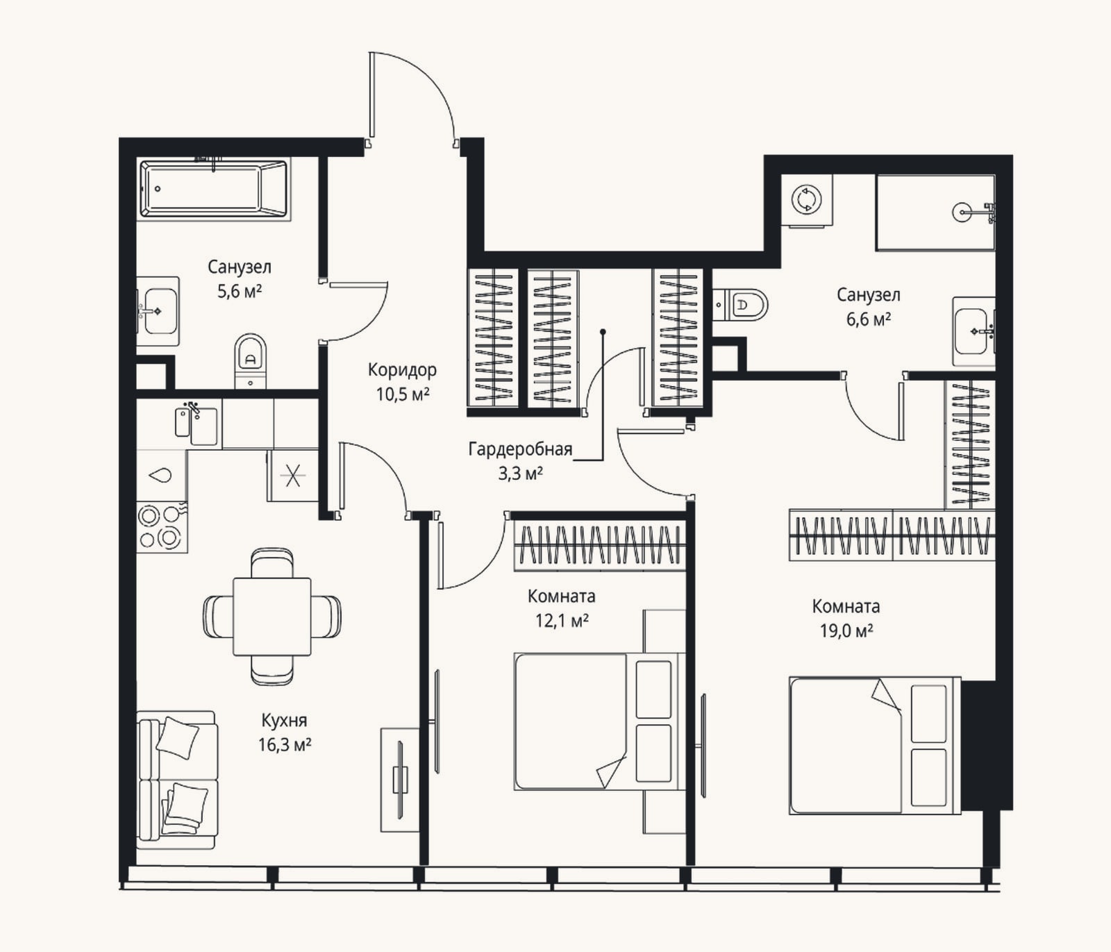 Планировка: 3-к, 73,4 м²