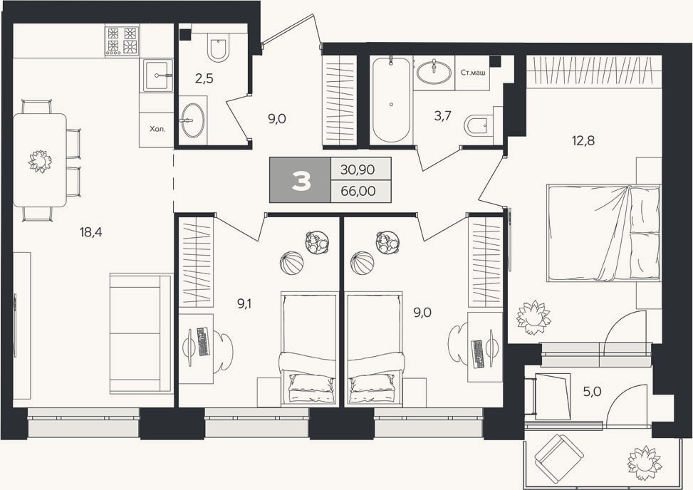 Планировка: 3-к, 64,5 м²