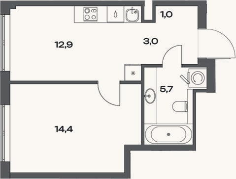 Планировка: 1-к, 37 м²