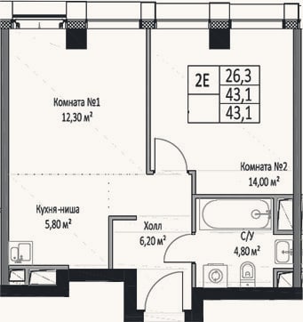 Планировка: 2-к, 43,1 м²