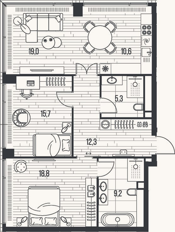 Планировка: 3-к, 90,9 м²