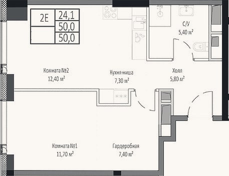Планировка: 2-к, 50 м²