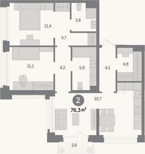 Планировка: 2-к, 73,7 м²