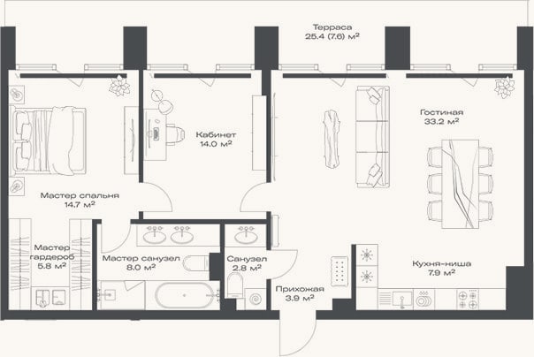 Планировка: 3-к, 90,3 м²