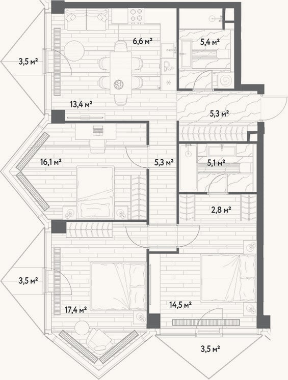 Планировка: 4+ к, 91,9 м²