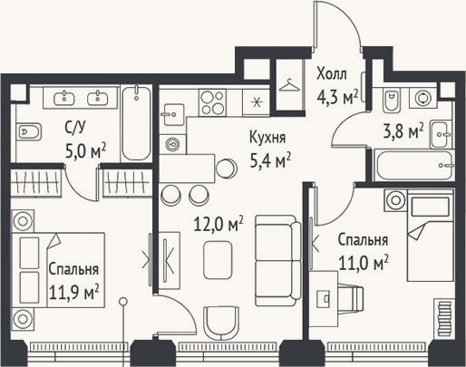 Планировка: 3-к, 53,4 м²