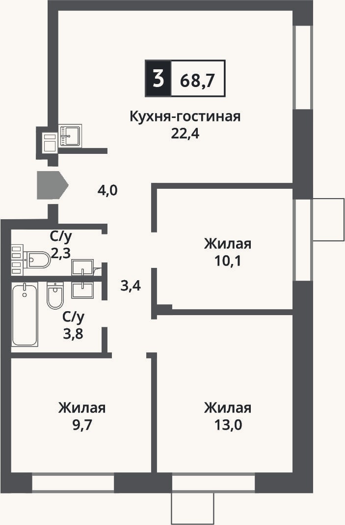 Планировка: 4+ к, 68,7 м²