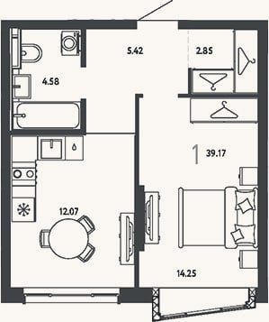 Планировка: 1-к, 39,2 м²