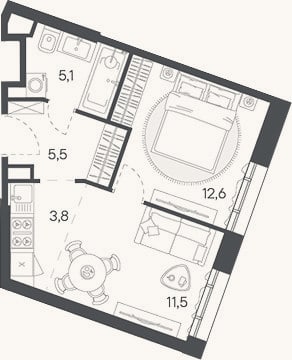 Планировка: 2-к, 38,5 м²