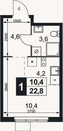 Планировка: Студия, 22,8 м²