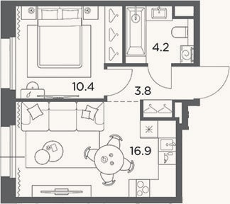 Планировка: 1-к, 35,3 м²