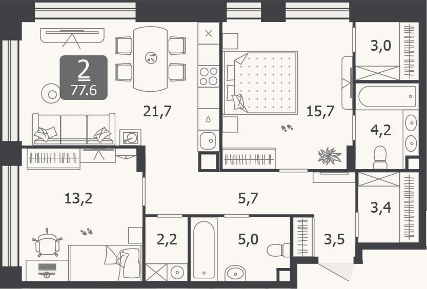 Планировка: 3-к, 77,6 м²