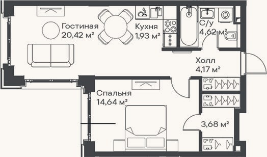 Планировка: 2-к, 49,5 м²