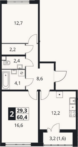 Планировка: 2-к, 58,8 м²