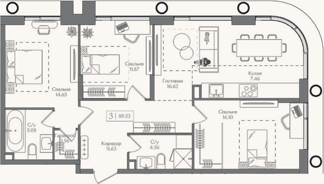 Планировка: 4+ к, 89,5 м²
