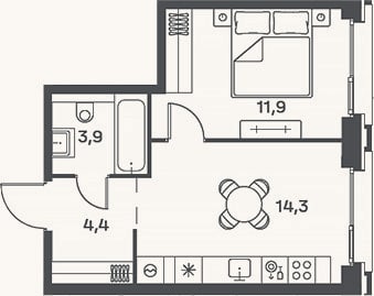 Планировка: 2-к, 34,5 м²