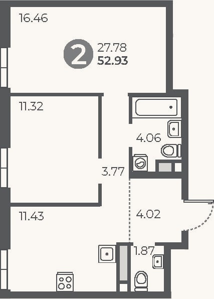 Планировка: 2-к, 52,9 м²