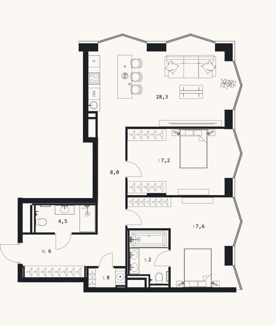 Планировка: 3-к, 93,2 м²