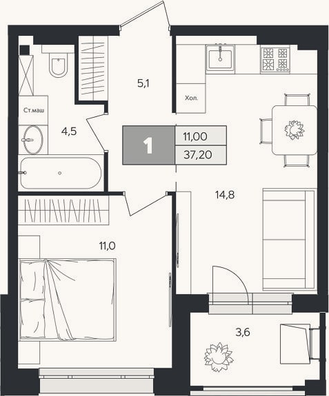 Планировка: 1-к, 35,4 м²