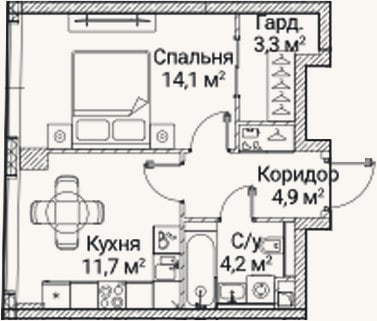 Планировка: 1-к, 38,3 м²