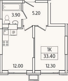 Планировка: 1-к, 33,4 м²
