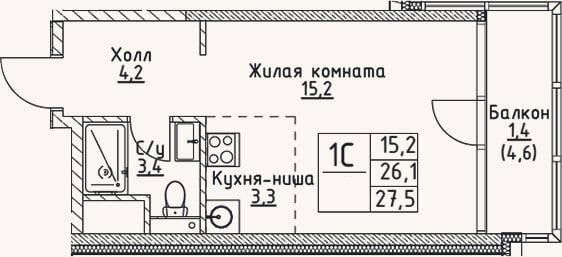 Планировка: Студия, 26,1 м²