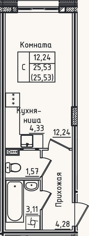 Планировка: Студия, 25,5 м²
