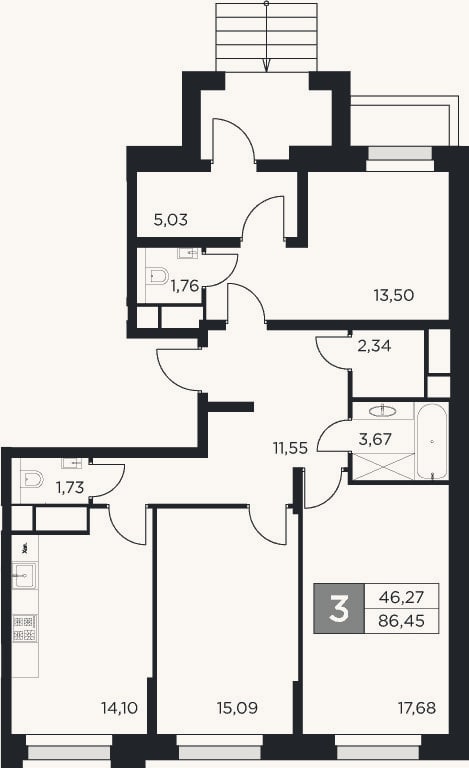 Планировка: 3-к, 86,5 м²