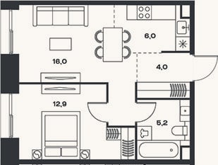 Планировка: 2-к, 44,1 м²