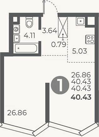 Планировка: Студия, 40,4 м²