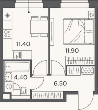 Планировка: 1-к, 35,5 м²