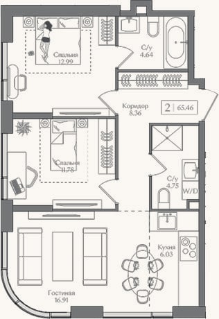 Планировка: 3-к, 65,5 м²