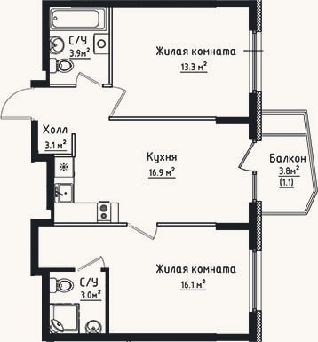 Планировка: 2-к, 56,3 м²