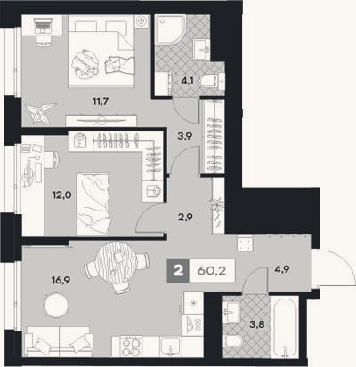Планировка: 2-к, 60,2 м²