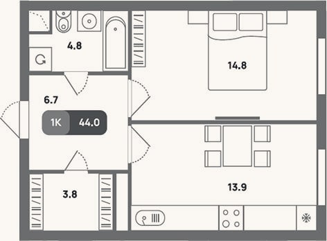 Планировка: 2-к, 44 м²