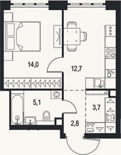 Планировка: 1-к, 38,3 м²