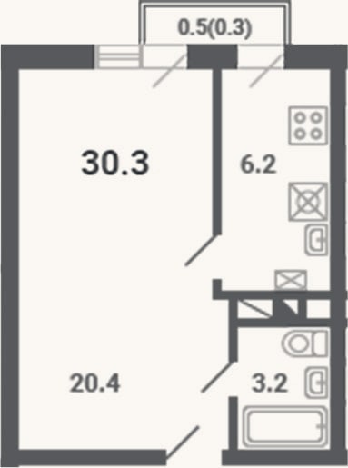 Планировка: 1-к, 29,8 м²