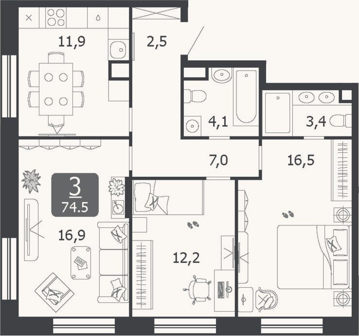 Планировка: 3-к, 74,5 м²