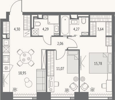 Планировка: 3-к, 64,4 м²