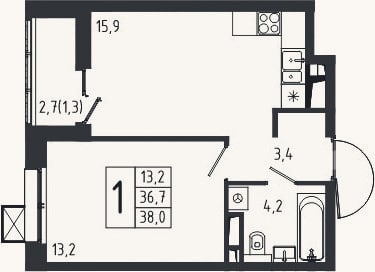 Планировка: 1-к, 36,7 м²