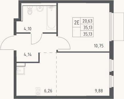 Планировка: 2-к, 35,1 м²