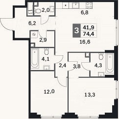 Планировка: 3-к, 74,4 м²