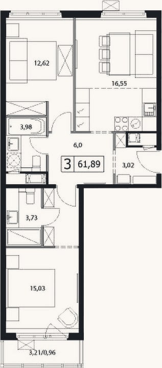 Планировка: 3-к, 60,9 м²