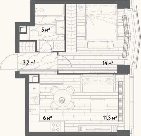 Планировка: 2-к, 39,5 м²