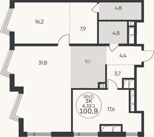 Планировка: 3-к, 100,9 м²