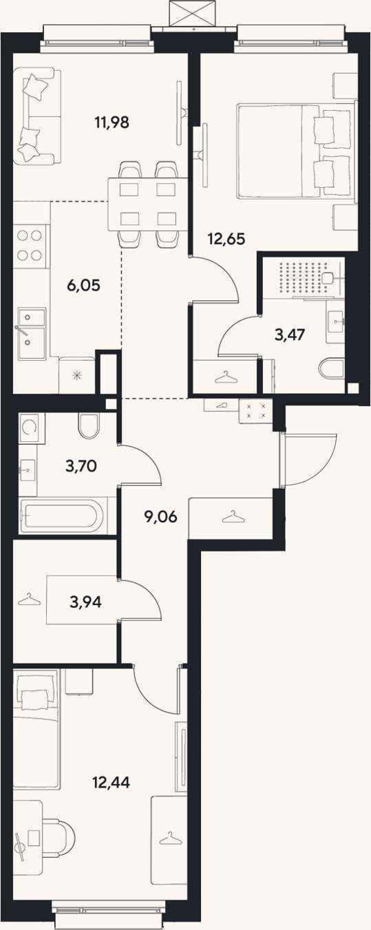 Планировка: 3-к, 63,3 м²