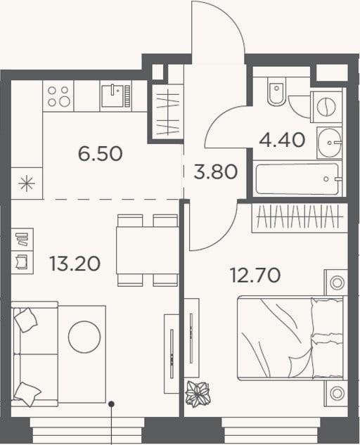 Планировка: 2-к, 40,6 м²