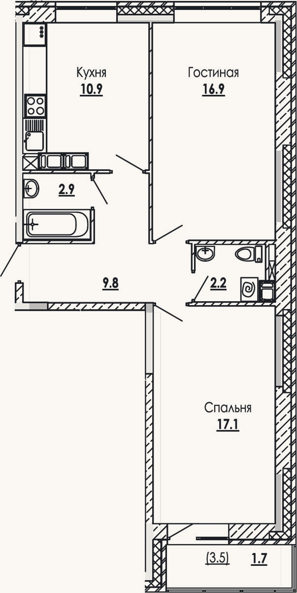 Планировка: 2-к, 59,8 м²