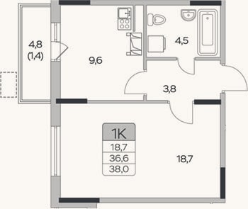 Планировка: 1-к, 36,6 м²