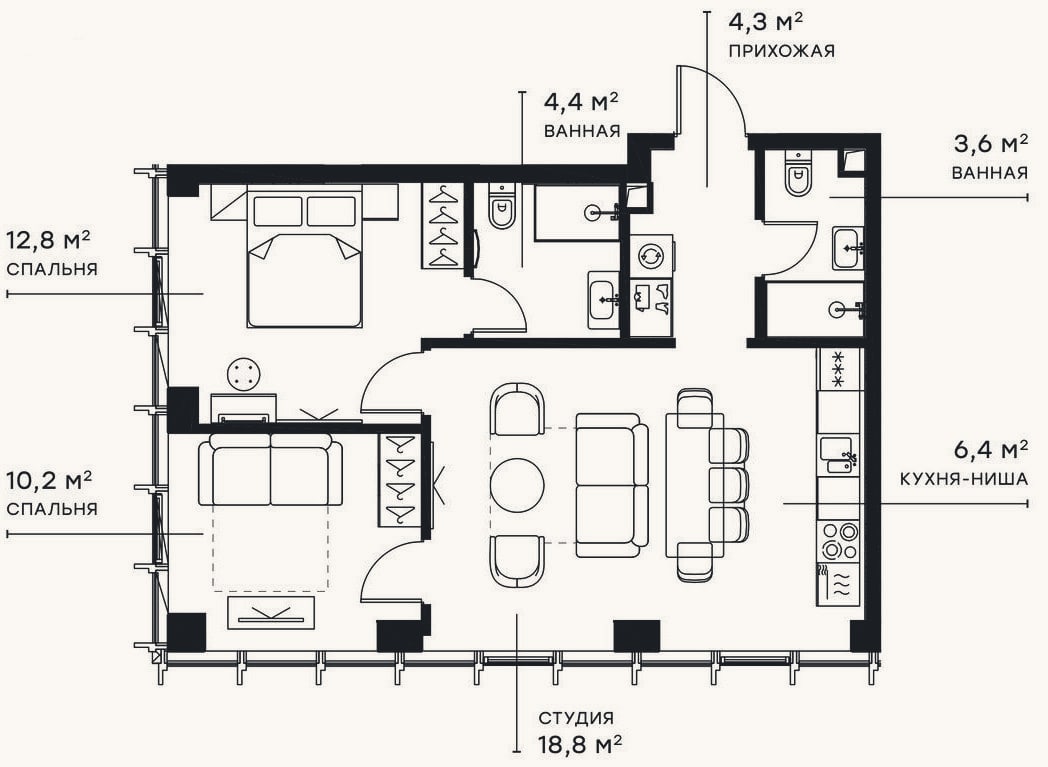 Планировка: 3-к, 60,5 м²